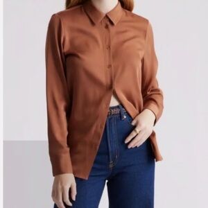 Quince washable stretch long sleeve silk blouse - copper brown